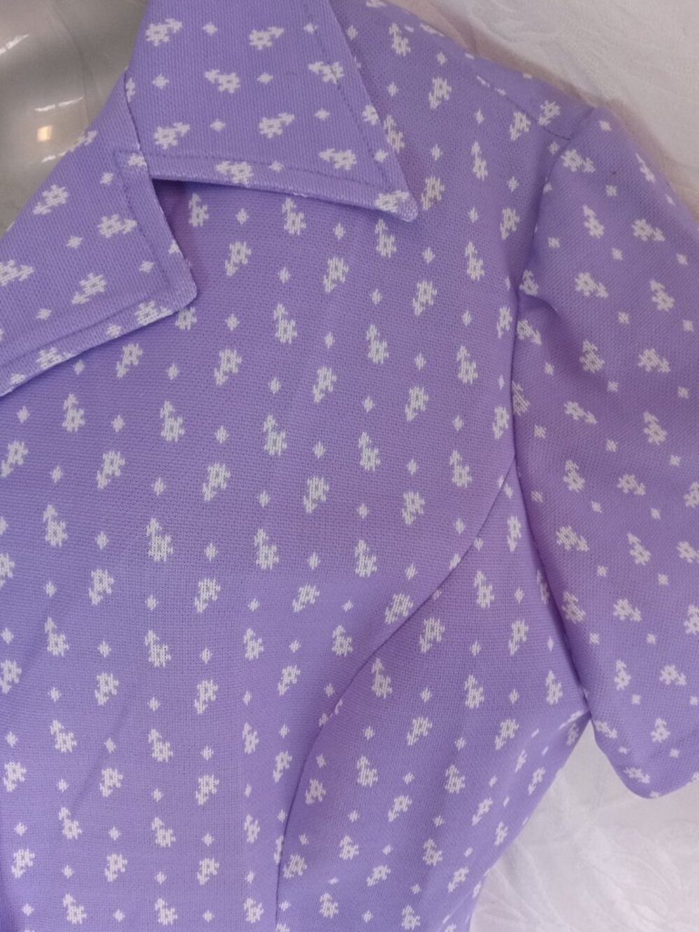Vintage 70's Woman Light Lilac Purple White Mod Abstract Flower Blouse XL Shirt - Picture 5 of 11